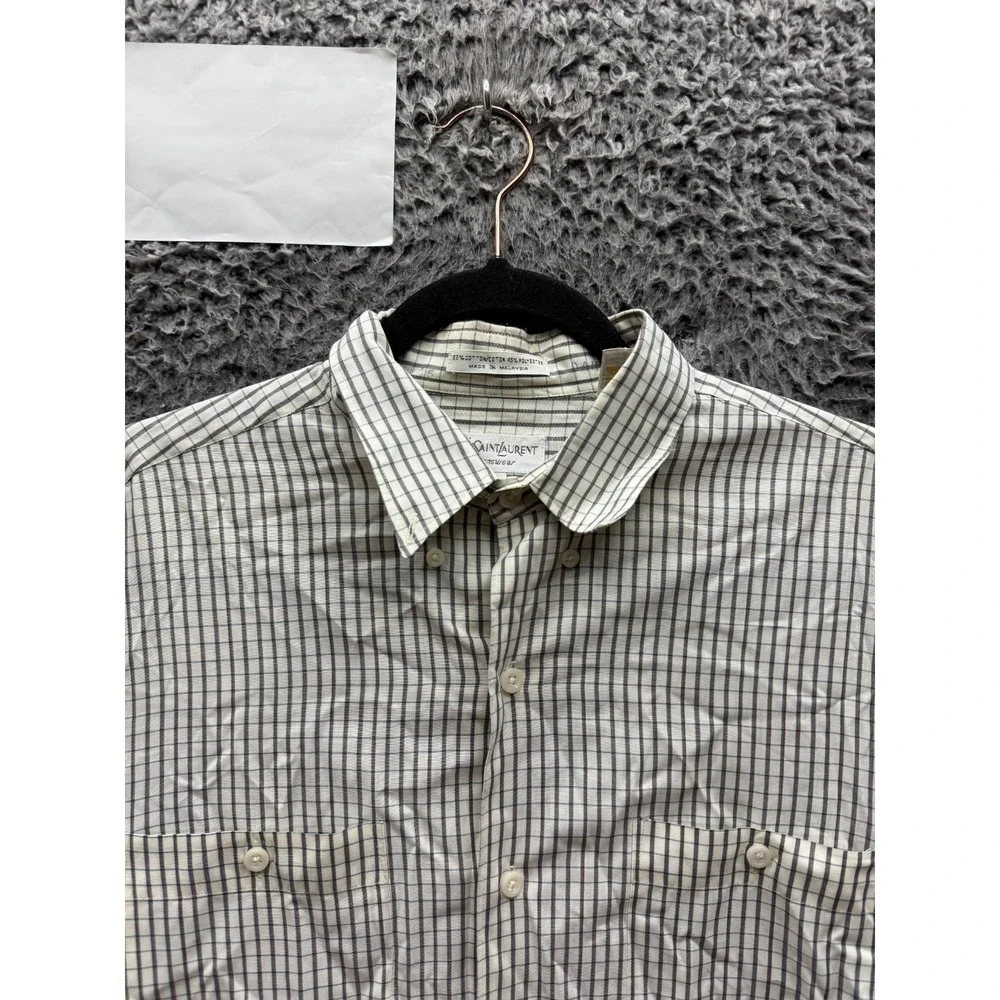 Yves Saint Laurent YSL Check Long-Sleeve Button-Up Shirt Off-White Mens Size L